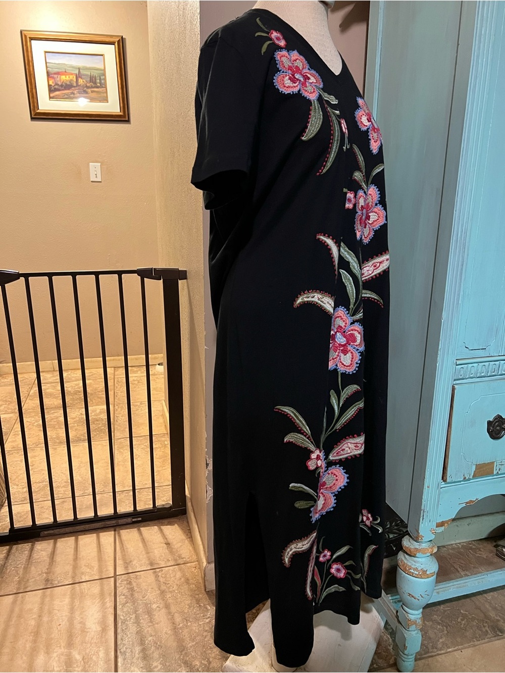 Johnny Was Libbi Trapunto Embroidered Midi T-Shirt Cotton Dress Black Sz Medium - Picture 7 of 11